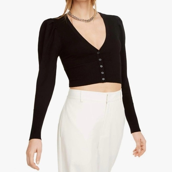 DANIELLE BERNSTEIN Black Women’s Layering Puff Sleeve Cardigan Top - Picture 1 of 10